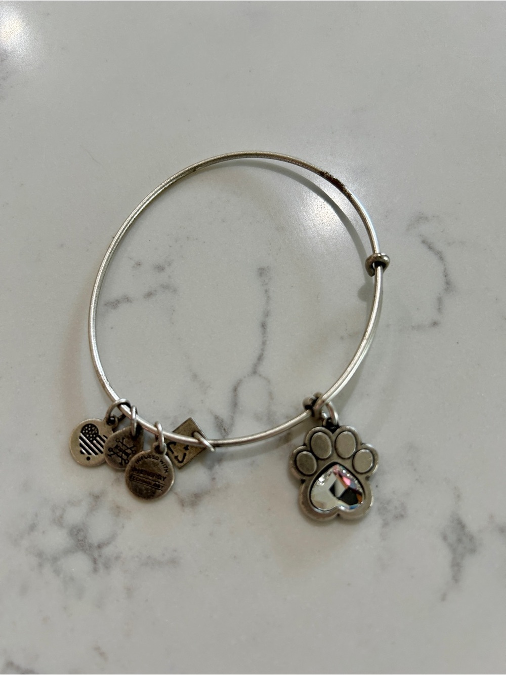 Alex and Ani Silver Paw Charm Bangle Bracelet with Crystal Accent